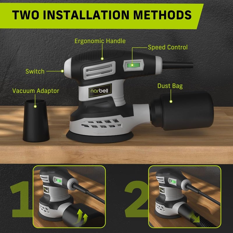 Narbell Orbital Sander 3.0AMP(360W),14000RPM Random Orbit Sander Tool with 6 Variable Speeds, 5" Electric Palm Sander Kit with Dust Bag,15pcs Sandpapers for Woodworking & Sanding, Light Gray - Image 5